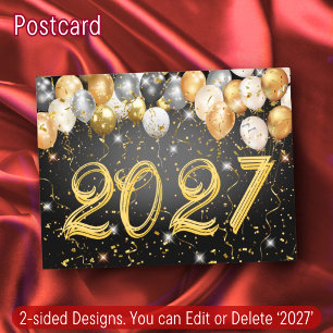 2027 Black & Gold Confetti Balloons New Year Eve Holiday Postcard