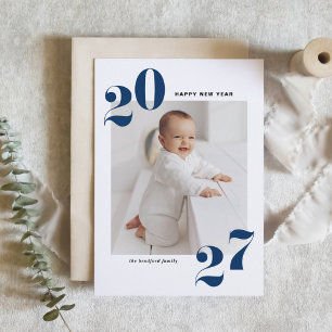 2027 Blue Retro Bold Typography Photo New Year Holiday Card