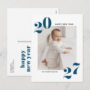 2027 Blue Retro Bold Typography Photo New Year Holiday Postcard