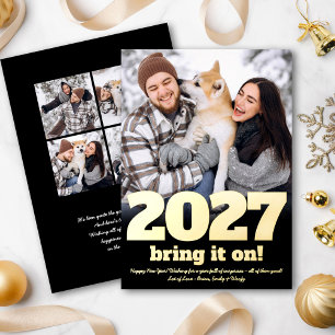2027 Bring it On Bold Type 5 Photo Black Real Gold Foil Holiday Card