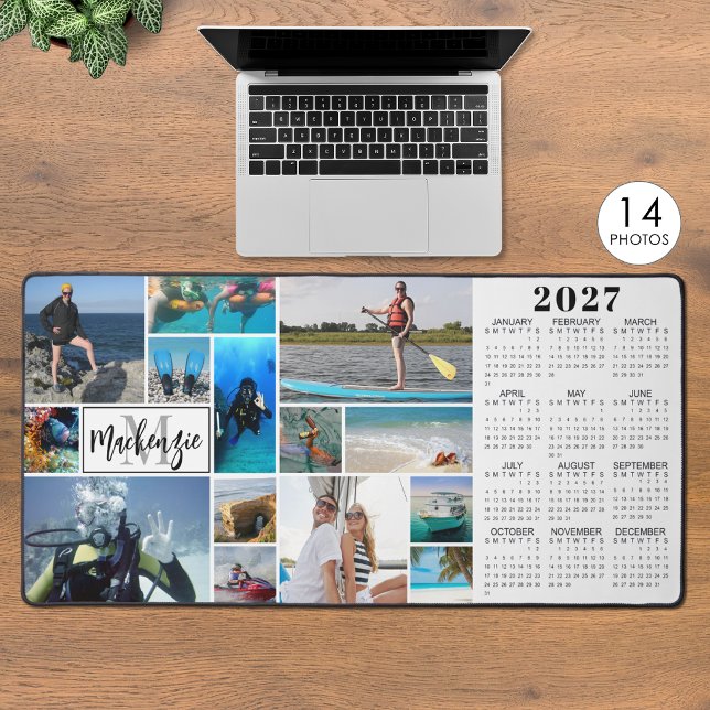 2027 Calendar 14 Photos Monogram Name Custom Color Desk Mat (Creator Uploaded)