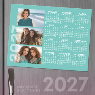 2027 Calendar 3 Photos Basic Aqua Minimal Magnet Magnetic Dry Erase Sheet