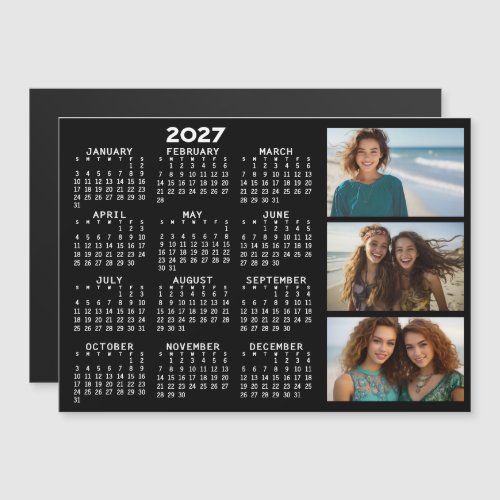 2027 Calendar 3 Photos Basic Black Minimal Magnet
