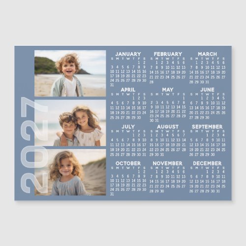2027 Calendar - 3 Photos Basic Blue Minimal Magnet