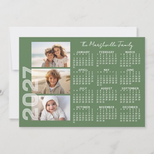 2027 Calendar 3 Photos Basic Green Minimal Holiday Card