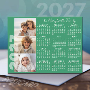 2027 Calendar 3 Photos Basic Green Minimal Holiday Postcard
