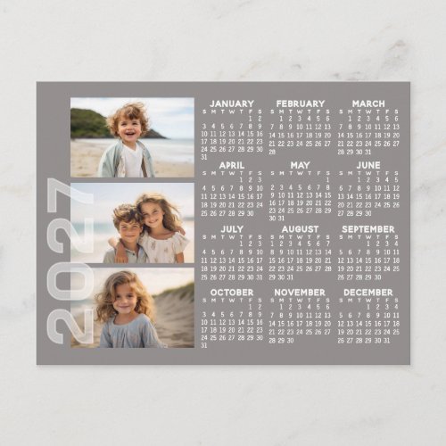 2027 Calendar 3 Photos Basic Taupe Minimal Magnet Postcard
