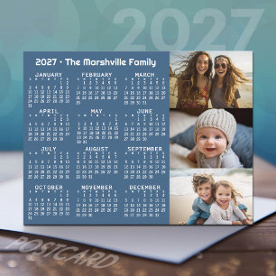 2027 Calendar 3 Photos Minimal Blue White Holiday Postcard