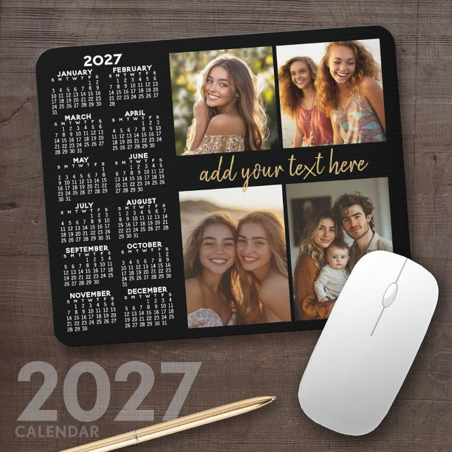 2027 Calendar - 4 photo collage modern script text Mouse Pad (2027 Calendar Mousepad)