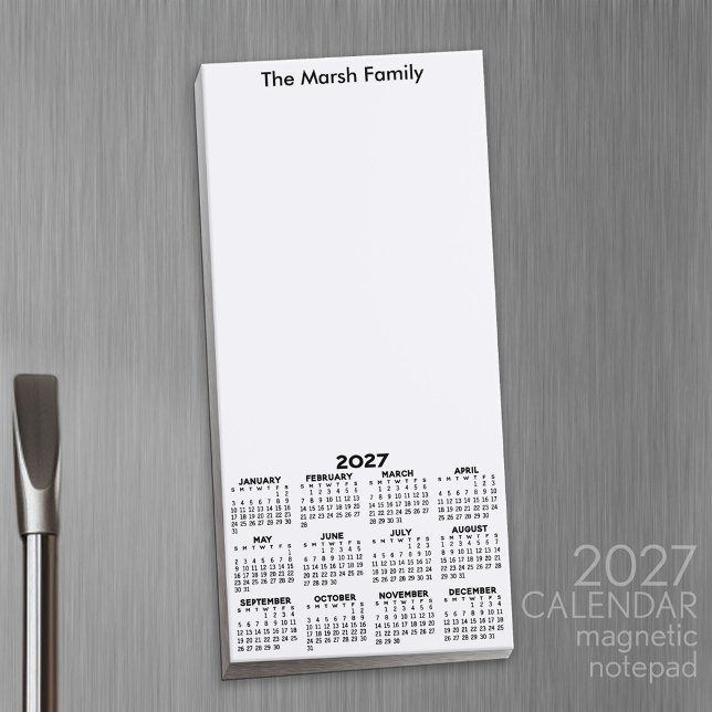 2027 Calendar - Basic Black White Minimalist Magnetic Notepad (2027 Calendar Notepad)
