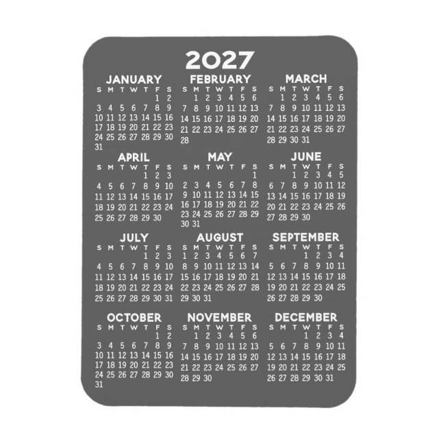 2027 Calendar - Basic Grey Mini Calendar Magnet (Vertical)