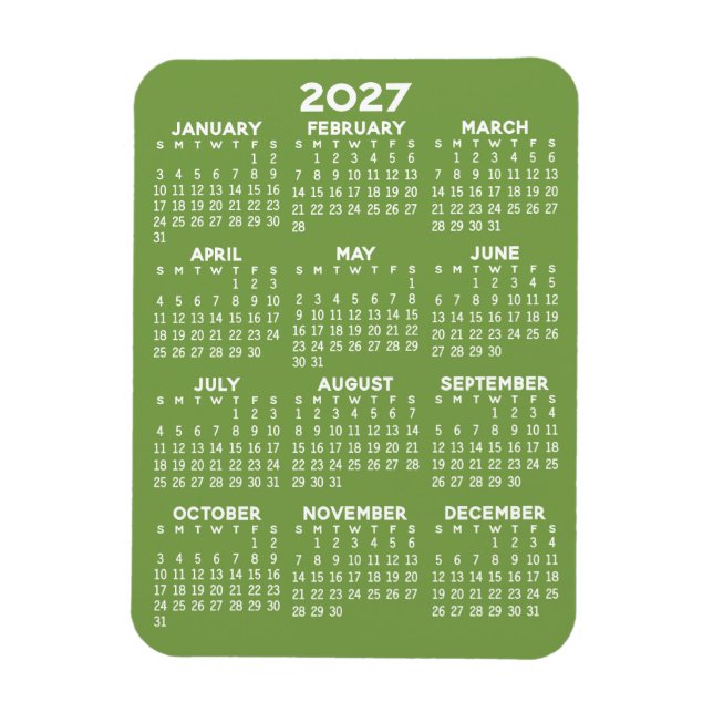 2027 Calendar - Basic Minimal Green White Modern Magnet (Vertical)