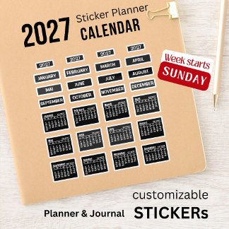2027 Calendar black Stickers Sunday Week