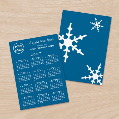 2027 Calendar Business Logo Blue Snowflake Holiday Card