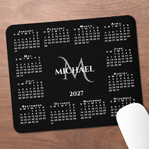 2027 Calendar Chic Monogram Name on Black Mouse Pad