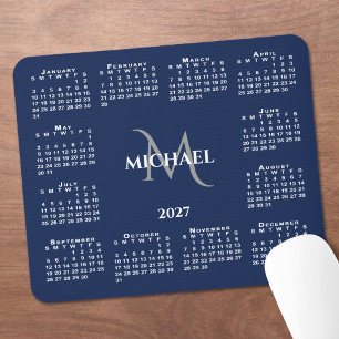 2027 Calendar Chic Monogram Name on Navy Blue Mouse Pad