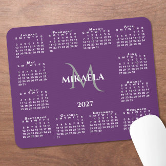 2027 Calendar Chic Monogram Name on Purple Mouse Pad