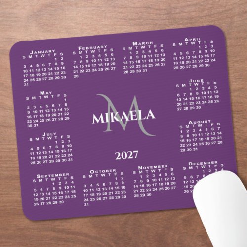 2027 Calendar Chic Monogram Name on Purple Mouse Pad