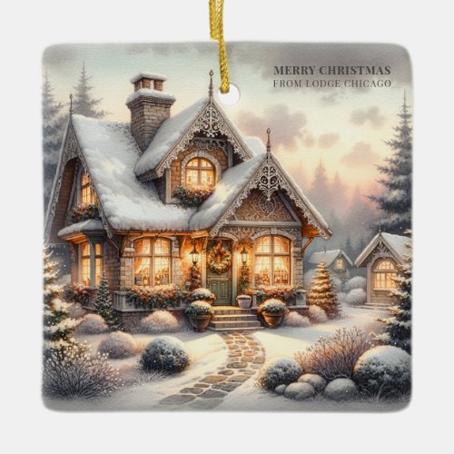2027 Calendar Cozy Christmas Cottage Business Ceramic Ornament