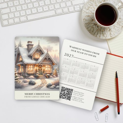 2027 Calendar Cozy Christmas Cottage Business Holiday Card