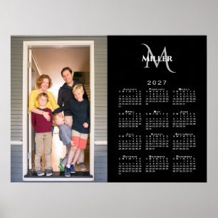 2027 Calendar Custom Photo Monogram Name Black Poster