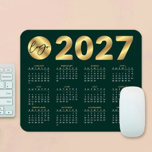 2027 Calendar Emerald Green & Gold Business Logo Mouse Pad