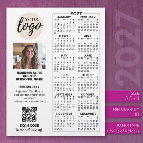 2027 Calendar for Office logo, QR Code, Photo Plus Letterhead