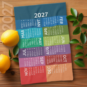 2027 Calendar - Full Year - funky colorful months Kitchen Towel