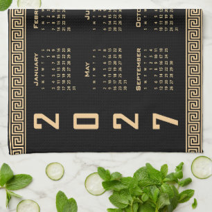 2027 Calendar, Greek Fret, Beige on Black Kitchen Towel