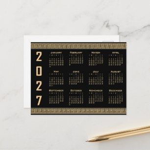 2027 Calendar, Greek Fret, Beige on Black Postcard
