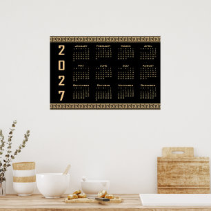 2027 Calendar, Greek Fret, Beige on Black Poster