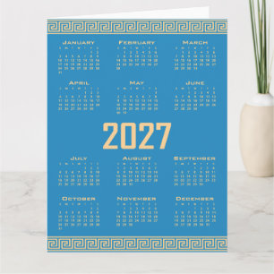 2027 Calendar, Greek Fret, Beige on Cosmos Blue Card