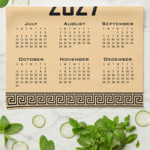 2027 Calendar, Greek Fret, Black on Beige Kitchen Towel