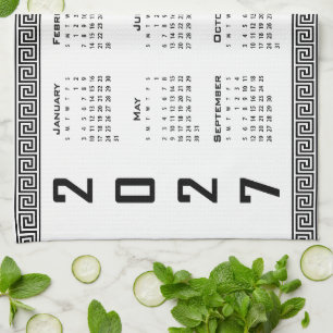2027 Calendar, Greek Fret, Black on White Kitchen Towel