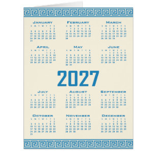 2027 Calendar, Greek Fret, Blue on Cosmic Latte Cards