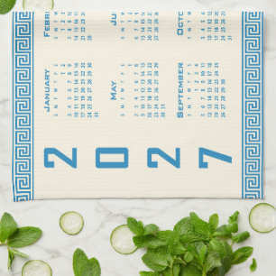 2027 Calendar, Greek Fret, Blue on Cosmic Latte Kitchen Towel