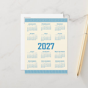 2027 Calendar, Greek Fret, Blue on Cosmic Latte Postcard