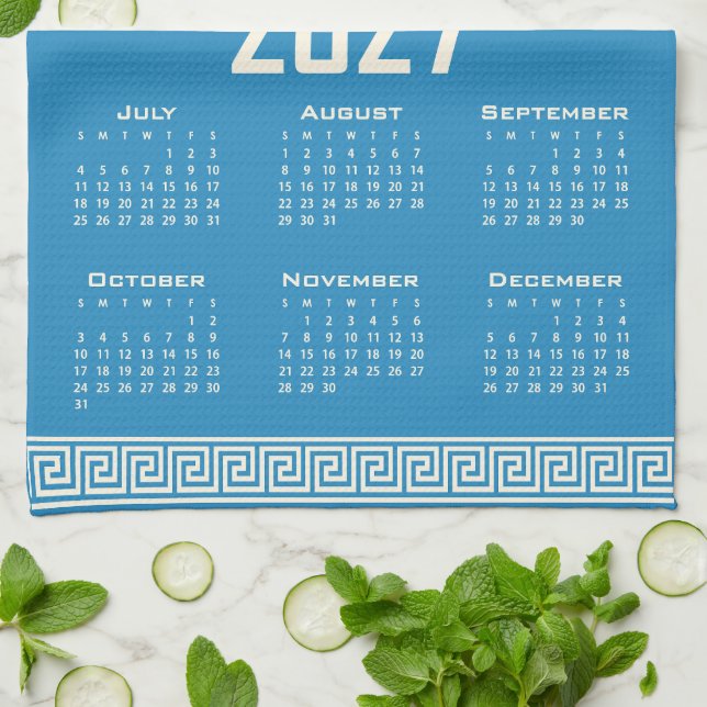 2027 Calendar, Greek Fret, Cosmic Latte on Blue Kitchen Towel (Folded)