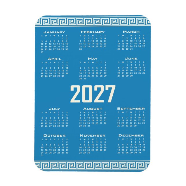 2027 Calendar, Greek Fret, Cosmic Latte on Blue Magnet (Vertical)