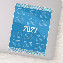 2027 Calendar, Greek Fret, Cosmic Latte on Blue