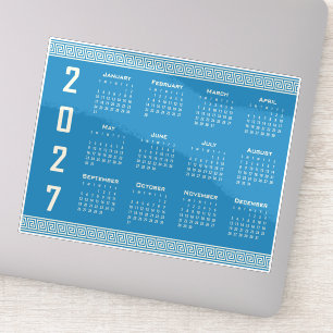 2027 Calendar, Greek Fret, Cosmic Latte on Blue Sticker