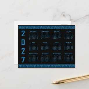 2027 Calendar, Greek Fret, Cosmos Blue on Black Postcard