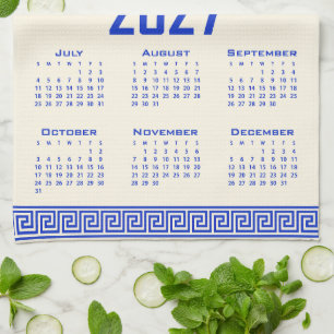 2027 Calendar, Greek Fret, Greek Blue Cosmic Latte Kitchen Towel