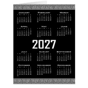 2027 Calendar, Greek Fret, White on Black Cards
