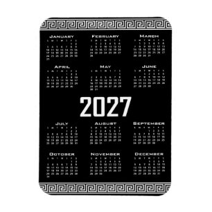 2027 Calendar, Greek Fret, White on Black Magnet