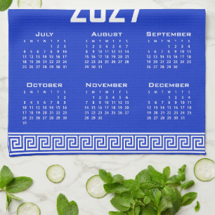 2027 Calendar, Greek Fret, White on Greek Blue Kitchen Towel