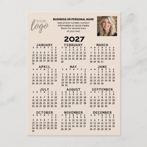 2027 Calendar - logo, photo, business - beige Postcard