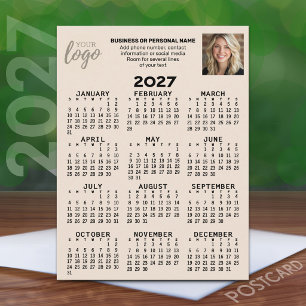 2027 Calendar - logo, photo, business - beige Postcard
