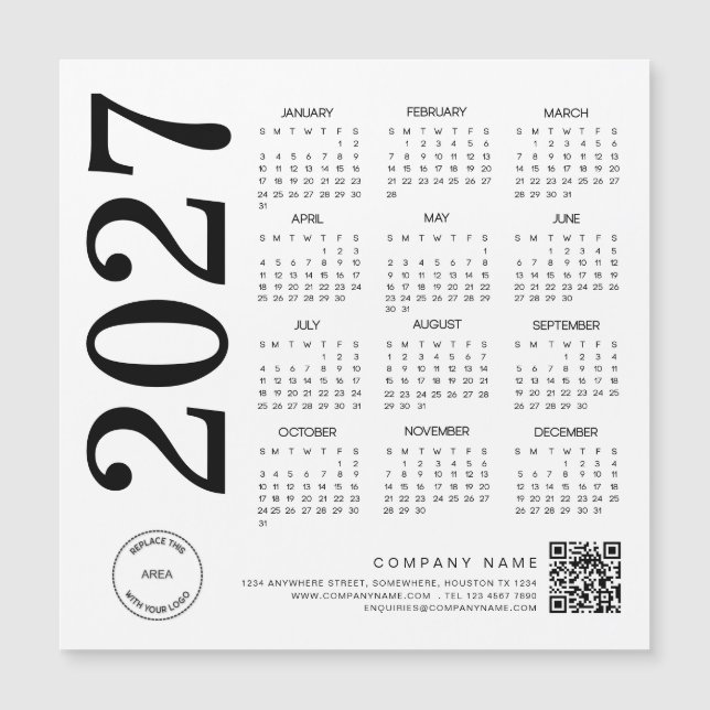 2027 Calendar Logo QR Code Black & White Business (Front)