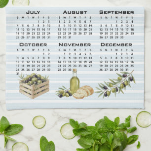 2027 Calendar, Mediterranean Olives, Blue Stripes Kitchen Towel